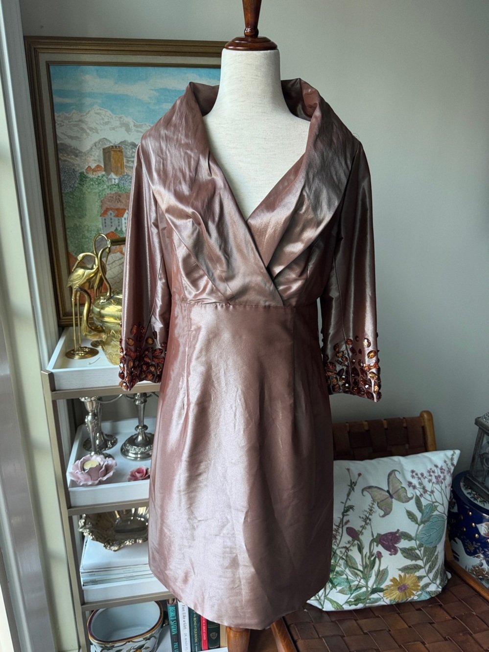 Teri Jon Metallic Rose Satin Long Sleeve Dress with Embellished Cuffs